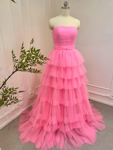 Pink Tulle Strapless Layered Long Prom Dresses, Strapless Layered Pink Tulle Formal Evening Dresses