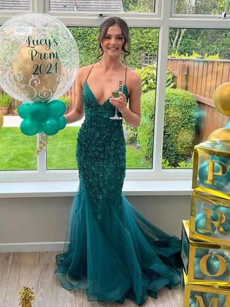 V Neck Mermaid Green Lace Long Prom Dresses, Long Green Lace Mermaid Formal Evening Dresses