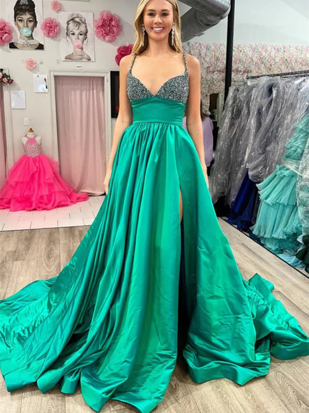 A Line V Neck Beaded Green Long Prom Dresses with High Slit, Green Long  Formal Graduation Evening Dresses