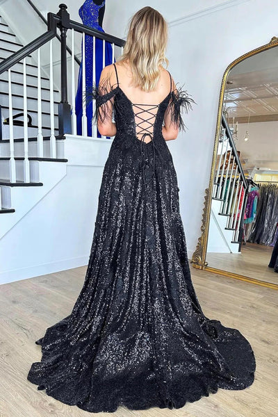 Off Shoulder Sequins Black Lace Long Prom Dresses,  Spaghetti Strap Black Backless Formal Evening Dresses