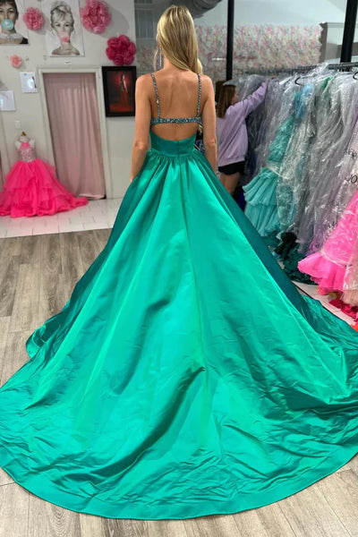 A Line V Neck Beaded Green Long Prom Dresses with High Slit, Green Long  Formal Graduation Evening Dresses