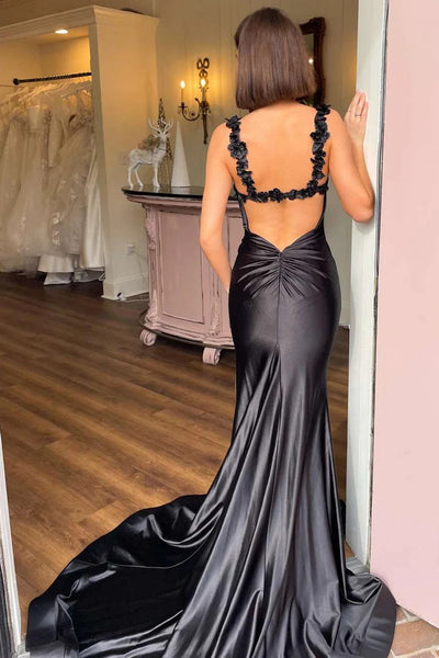 Open Back Floral Straps Mermaid Black Long Prom Dresses with Slit, Mermaid Black Backless Formal Evening Dresses