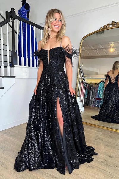 Off Shoulder Sequins Black Lace Long Prom Dresses,  Spaghetti Strap Black Backless Formal Evening Dresses