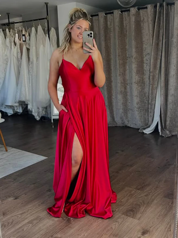 A Line V Neck Red Satin Long Prom Dresses with High Slit, Long Red Formal Graduation Evening Dresses