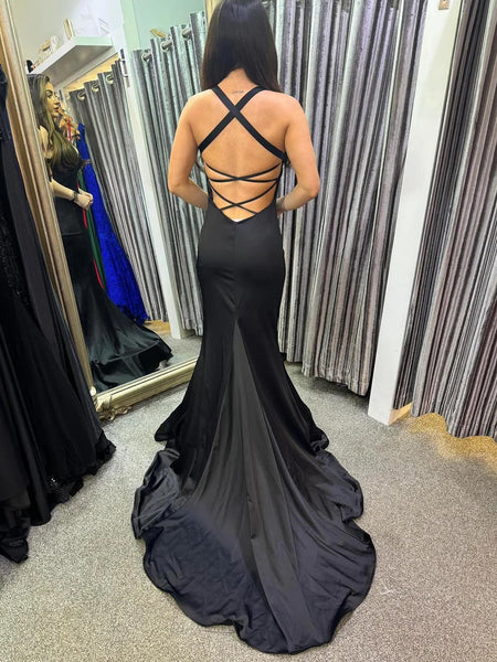 Mermaid Backless Black Satin Long Prom Dresses with Train, Open Back Mermaid Black Long Formal Evening Dresses