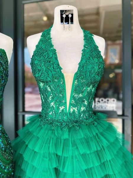 V Neck Princess Backless Ruffle Green Lace Prom Dresses,  Halter Neck Short Lace Green Formal Evening Homecoming Dresses