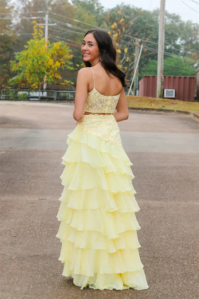 Elegant Layered Yellow Lace Long Prom Dresses with High Slit, Layered Yellow Lace Long Formal  Evening Graduation Dresses