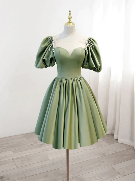 Short Sleeves Satin Short Green Prom Dresses, Short Green Formal Evening Homecoming Graduation Dresses