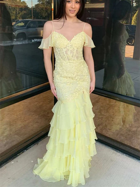 Off The Shoulder Mermaid Yellow Lace Long Prom Dresses, Layered Yellow Lace Mermaid Formal Evening Dresses