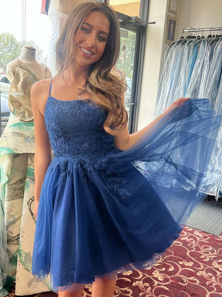 A Line Straps Navy Blue Lace Short Prom Dresses, Short Lace Dark Blue Formal Evening Homecoming Dresses