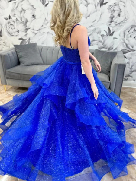 Shiny V Neck Fluffy Blue Tulle Long Prom Dresses,  V Neck Blue Formal Evening Dresses