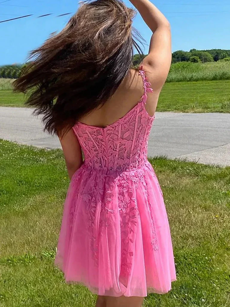 Off the Shoulder Pink Lace Short Prom Dresses, Pink Lace Homecoming Dresses, Lace Formal Evening Dresses