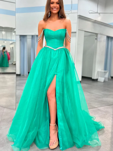 Beaded Green Off The Shoulder Green Long Prom Dresses with High Slit, Off Shoulder Beaded Green Long Formal  Evening Graduation Dresses