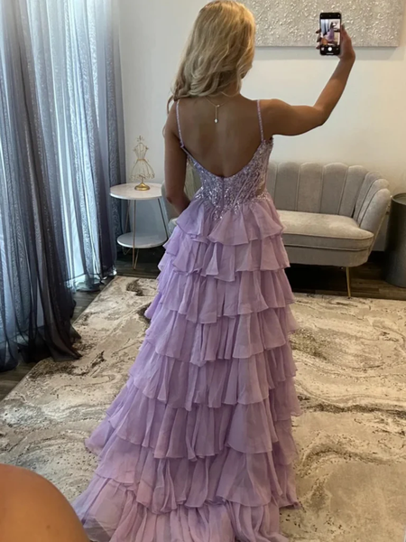 Spaghetti Straps Backless Purple Layered Lace Prom Dresses, Lilac Layered Lace Formal Evening Dresses