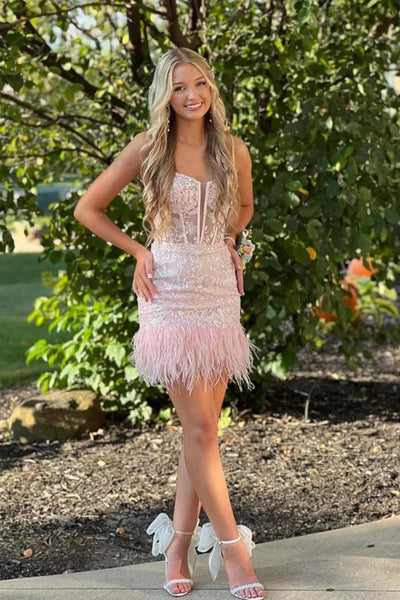 Short V Neck Pink Lace Prom Dresses with Feather, Short Pink Lace Formal Evening Homecoming Dresses