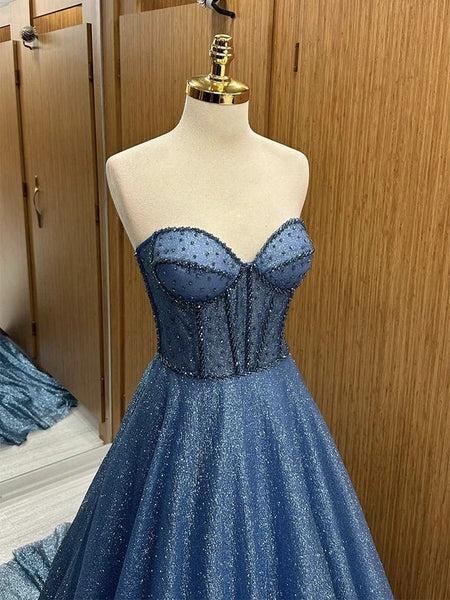 A Line Sweetheart Neck Tulle  Blue Long Prom Dresses, Blue Beads Tulle Long Formal Dresses