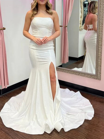 Strapless Mermaid White Satin Long Prom Dresses with High Slit, Mermaid White Formal Evening Dresses