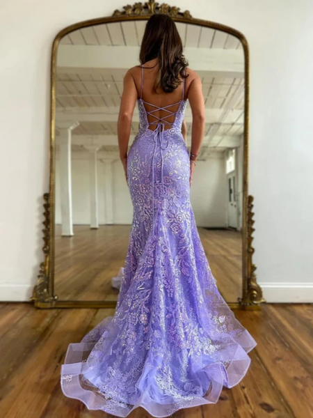 Open Back Mermaid Purple Lace Prom Dresses, Backless Mermaid Purple Lace Formal Evening Graduation Dresses