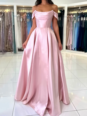 Off Shoulder Pink Satin Long Prom Dresses, Off the Shoulder Pink Long Formal Evening Dresses