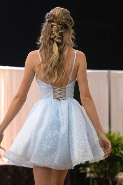 Short  V Neck Light Blue Tulle Prom Dresses, V Neck Light Blue Formal Evening Homecoming Dresses