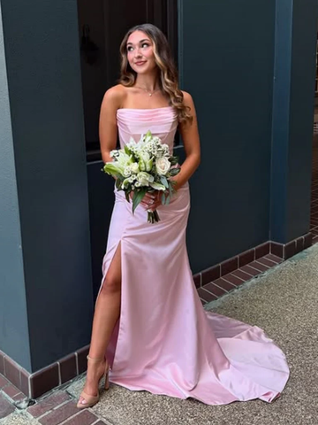 Strapless Mermaid Pink Satin Long Prom Dresses with High Slit, Mermaid Pink Formal Evening Dresses