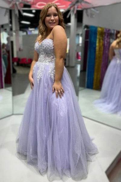 Strapless Sweetheart Neck Lilac Tulle Long Prom Dresses with Appliques, Purple  Lace Tulle Long Formal  Evening Dresses