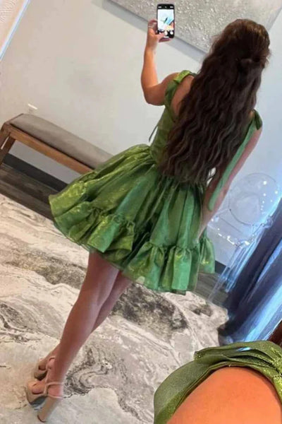 Short Sweetheart Neck Green Satin Prom Dresses, Pretty Green Satin Homecoming Dresses