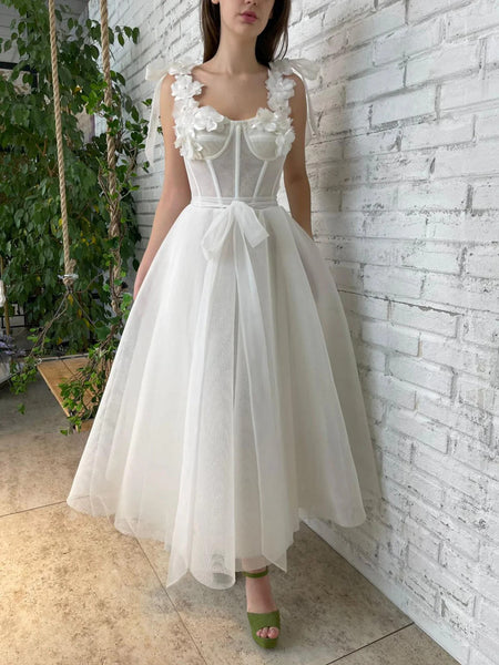 A  Line Tea Length Ivory 3D Flowers Prom Dresses, 3D Flowers Tea Length Ivory Formal Evening Homecoming Dresses