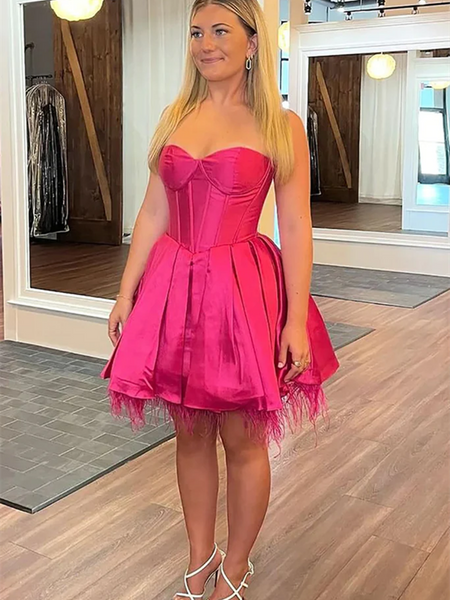 Strapless Fuchsia Satin Short Prom Dresses, Strapless Fuchsia Satin Short Formal Evening Homecoming Dresses