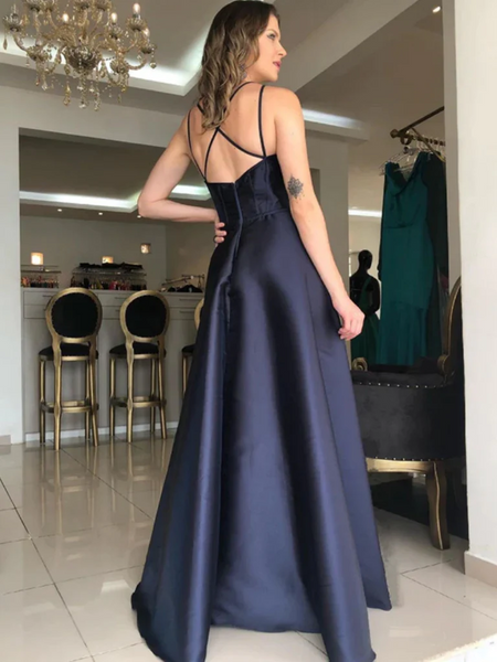 Simple V Neck Backless Dark Blue Satin Long Prom Dresses, Open Back Dark Blue Formal Graduation Evening Dresses