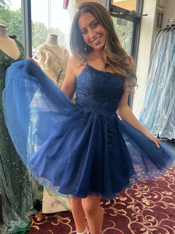 Blue Lace Tulle Short Prom Dresses, Short Blue Lace Tulle Formal Graduation Evening Homecoming Dresses