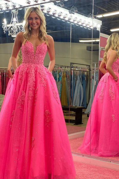 A Line V Neck Backless Hot Pink Lace Long Prom Dresses with Pocket, Hot Pink Open Back Lace Formal Evening Dresses