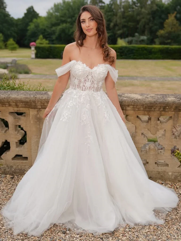 Off the Shoulder White Lace Long Prom Dresses, White Lace Formal Evening Dresses
