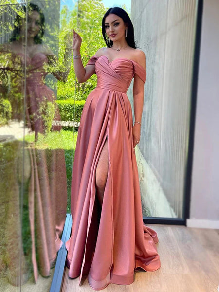 A Line Off the Shoulder Satin Long Prom Dresses, Simple Off Shoulder Formal Evening Dresses