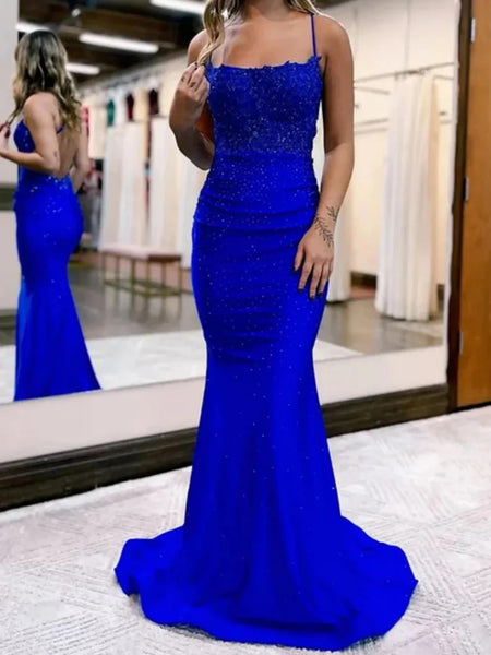 Blue Backless Mermaid Lace Prom Dresses, Blue Open Back Mermaid Lace Formal Evening Dresses