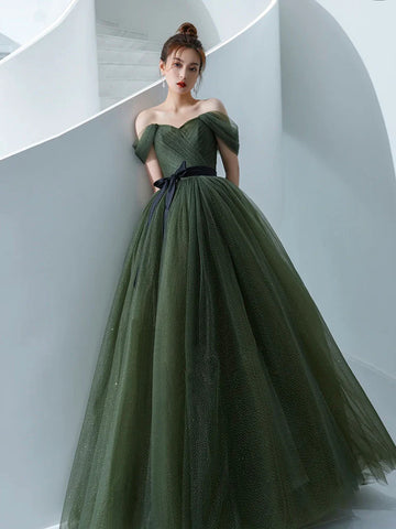 A Line Off The Shoulder Tulle Green Long Prom Dresses, Off Shoulder Tulle Green Long Formal Evening Dresses