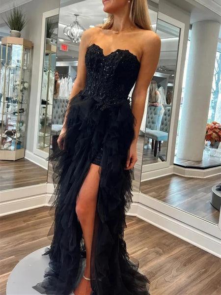 Princess Strapless Beaded Black Lace Ruffle Tulle Long Prom Dresses with High Slit, Beaded Black Lace Ruffle Formal Evening Dresses