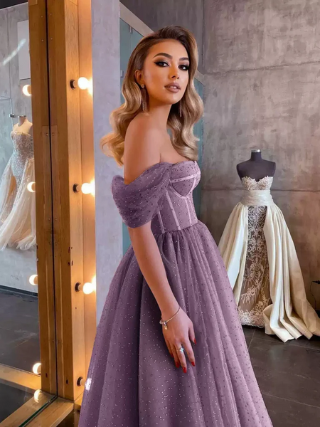 Off Shoulder Purple Beaded Tea Length Prom Dresses,Off the Shoulder Purple Beaded Tea Length Formal  Evening Graduation Dresses