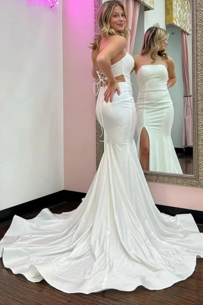 Strapless Mermaid White Satin Long Prom Dresses with High Slit, Mermaid White Formal Evening Dresses