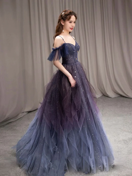 Off the Shoulder Blue Purple Ombre Tulle Prom Dresses, Off  Shoulder Blue Purple Ombre Formal Evening Graduation Dresses