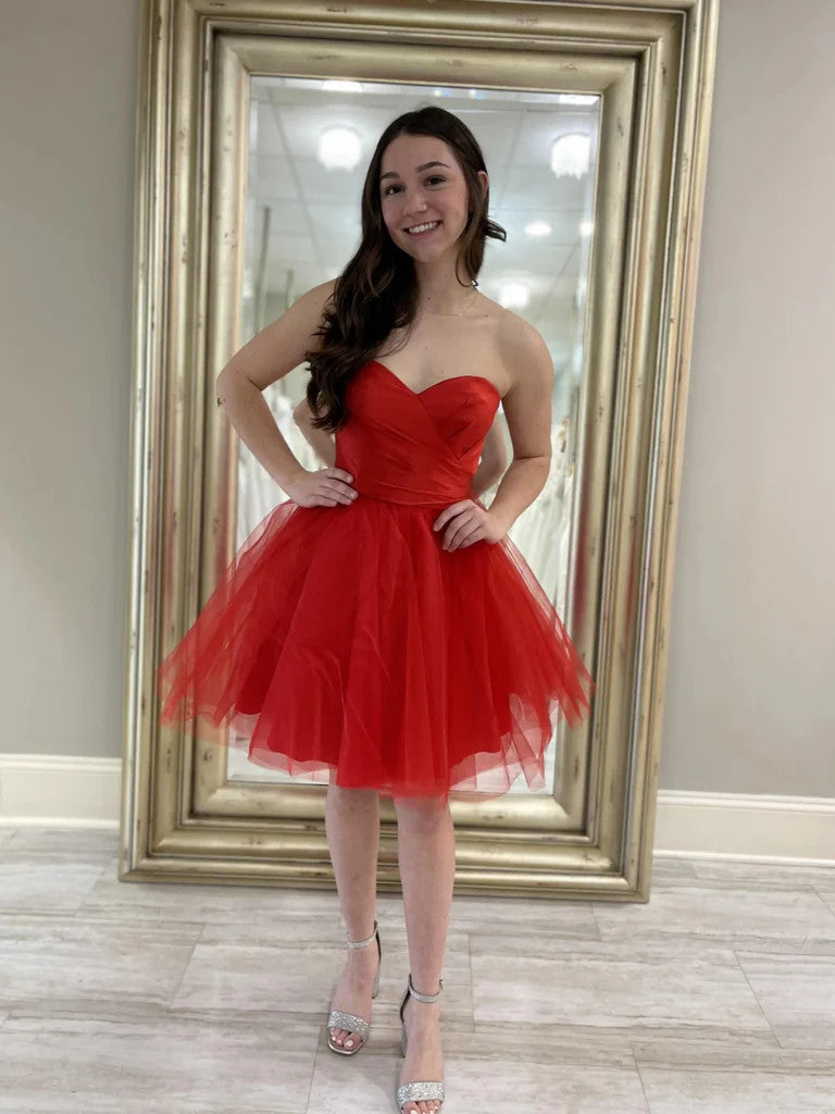 Strapless Sweetheart Neck Short Red Tulle Prom Dresses,Short Red Tulle Formal Evening Homecoming Dresses