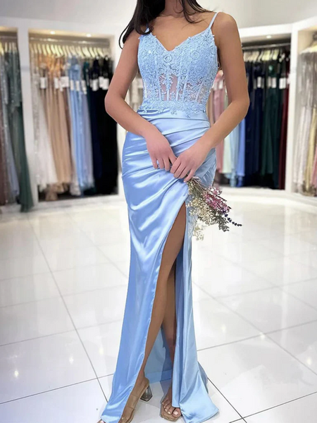 V Neck Mermaid Light Blue Lace Prom Dresses with High Slit, V Neck Light Blue Lace Formal Evening Dresses