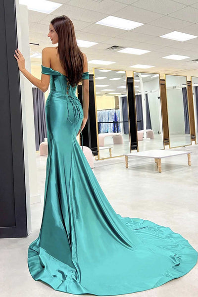 Elegant Off The Shoulder Mermaid Green Long Prom Dresses With High Slit, Off Shoulder Mermaid Green Long Formal Evening Dresses