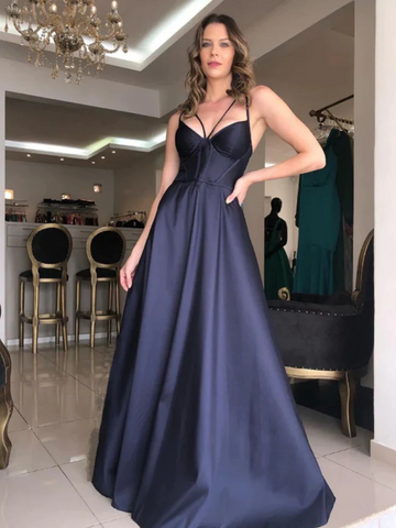 Simple V Neck Backless Dark Blue Satin Long Prom Dresses, Open Back Dark Blue Formal Graduation Evening Dresses