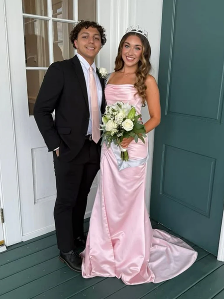 Strapless Mermaid Pink Satin Long Prom Dresses with High Slit, Mermaid Pink Formal Evening Dresses