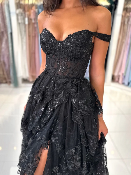 Off  Shoulder Black Lace Layered Long Prom Dresses, Off the Shoulder Black Lace Layered Long Formal Evening Dresses