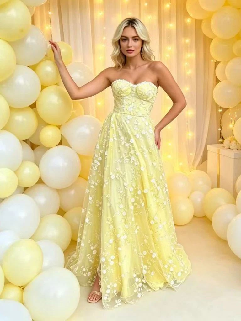 Strapless Yellow Lace Long Prom Dresses with Appliques，Yellow Formal  Evening Graduation Dresses