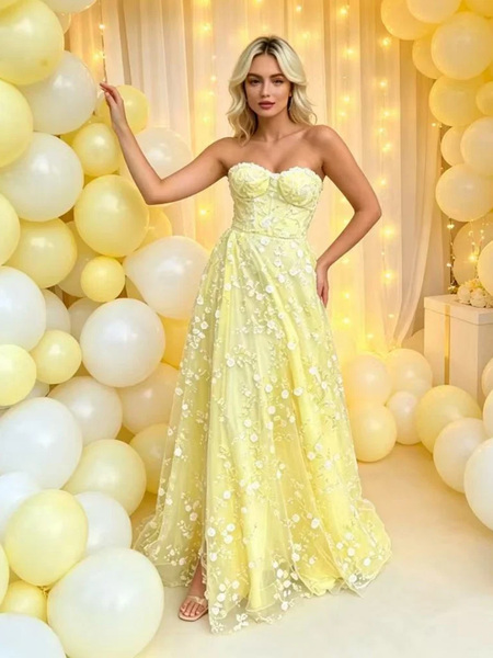 Strapless Yellow Lace Long Prom Dresses with Appliques，Yellow Formal  Evening Graduation Dresses