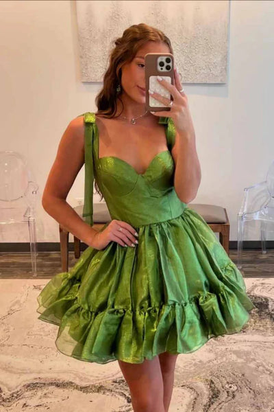 Short Sweetheart Neck Green Satin Prom Dresses, Pretty Green Satin Homecoming Dresses