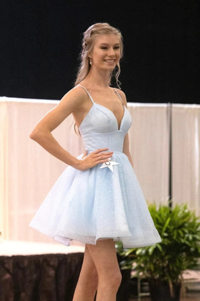 Short  V Neck Light Blue Tulle Prom Dresses, V Neck Light Blue Formal Evening Homecoming Dresses